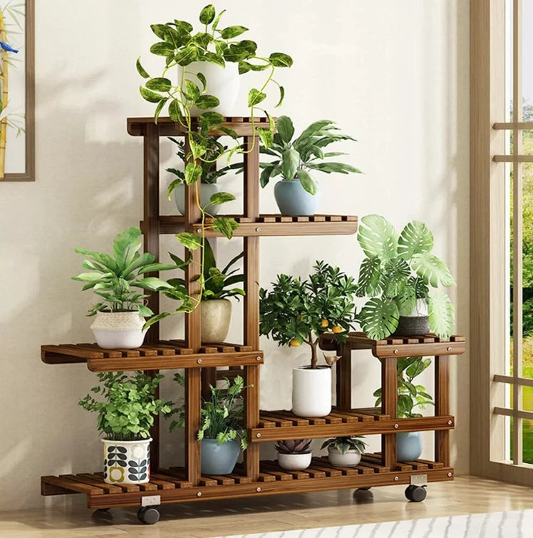 6 Tier Wood Plant Stand, Vertical Carbonized Multiple Holder, Indoor, Outdoor Patio