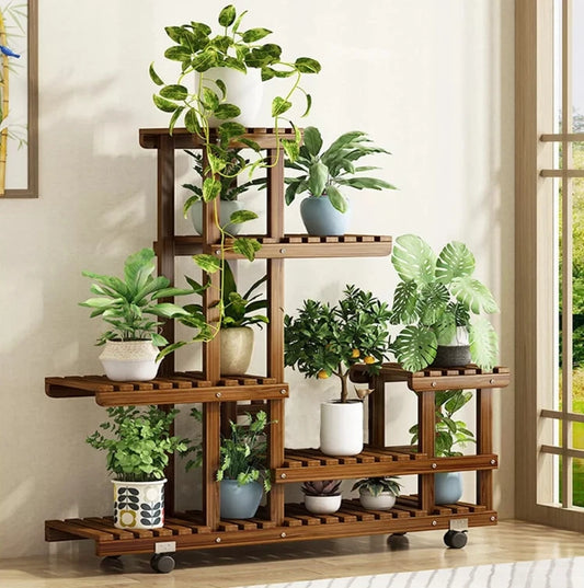6 Tier Wood Plant Stand, Vertical Carbonized Multiple Holder, Indoor, Outdoor Patio