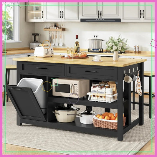 47" Kitchen Island with Storage, Seating - Includes 2 Bar Stools, Trash Can Cabinet, Drawers & Shelves