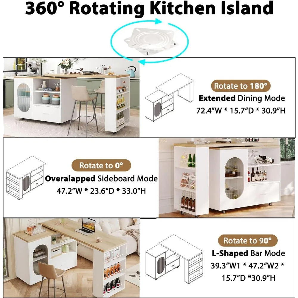 Modern White Rolling Kitchen Island with Swivel Table, Storage Cabinet, Drawers, and Shelves