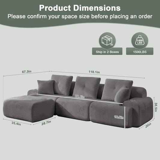 118" Cloud Couch Sectional ,Boneless, Chenille Memory Foam Couch, Sectional Sofa