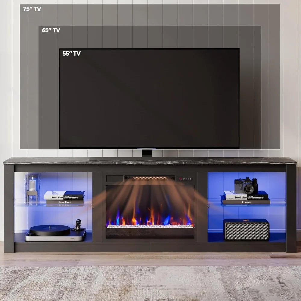 Fireplace TV Stand for 75 inch TV with 23 inch Electric Fireplace, 70 inch Entertainment Center  with LED Light