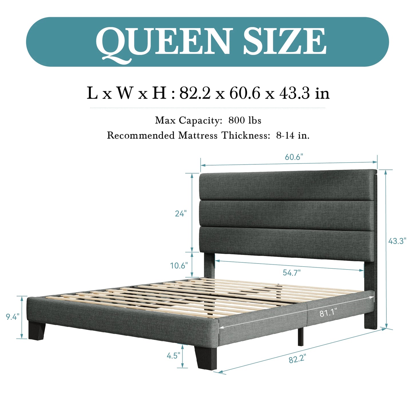 Bed Frame with Headboard, Fabric Platform Bed, Strong Wood Slats Support Panel Bed Mattress Foundation
