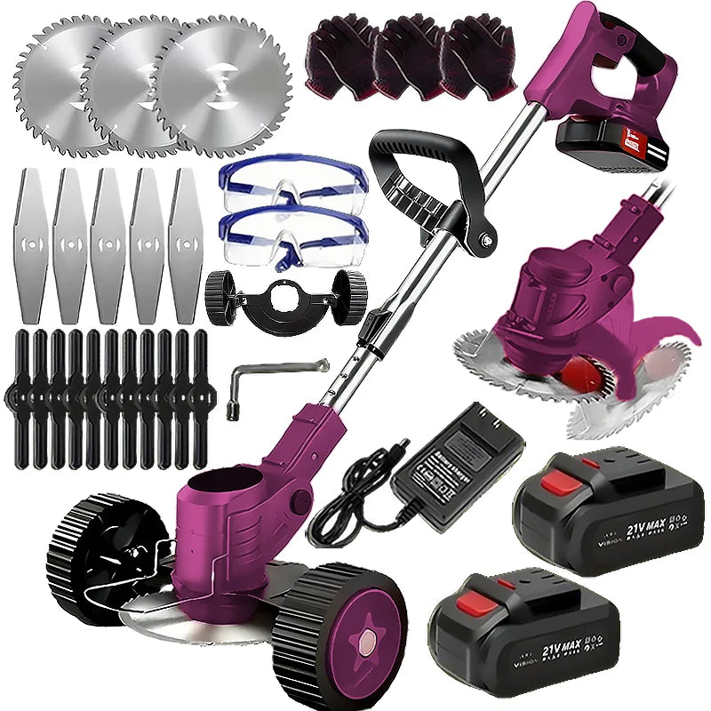 Wireless portable weed trimmer with 2 lithium batteries and comes with replaceable blades
