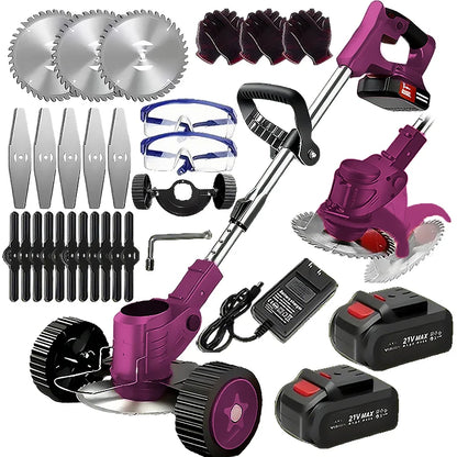 Wireless portable weed trimmer with 2 lithium batteries and comes with replaceable blades