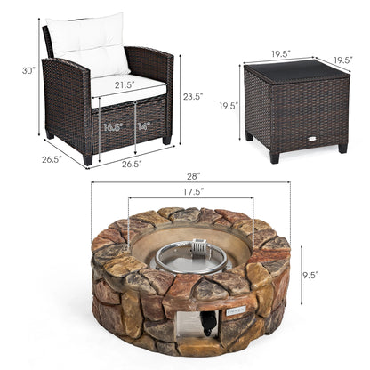 7PCS Patio Rattan Wicker Furniture Set Gas Fire Pit, Table, Sofa Cushion Chairs