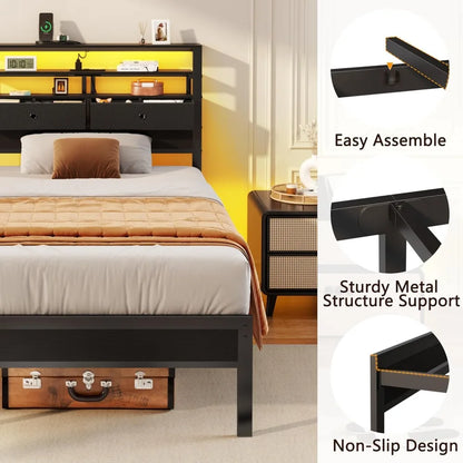 Bed Frames with Charging Station and LED Lights, Wood Headboard with 2 Fabric Drawers and Storage Shelves,,