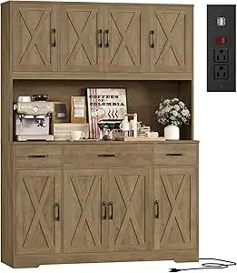 71" Tall Kitchen Pantry Storage Cabinet with Charging Station, 55" Wide Kitchen Hutch  , Farmhouse style