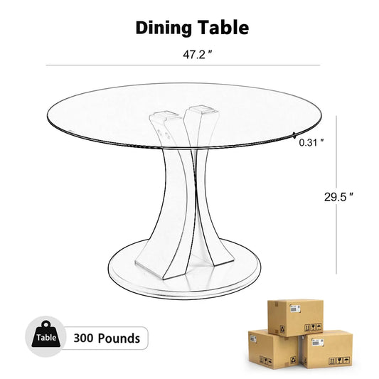 Round, 47" Glass Dining Table, with Robust Pedestal for Apartment Home Kitchen