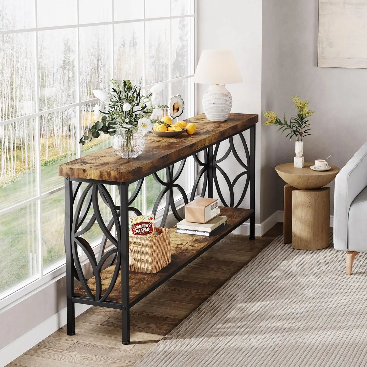 70.9" Narrow 2-Tier Industrial Console Sofa Table with Storage for Entryway Living Room Hallway