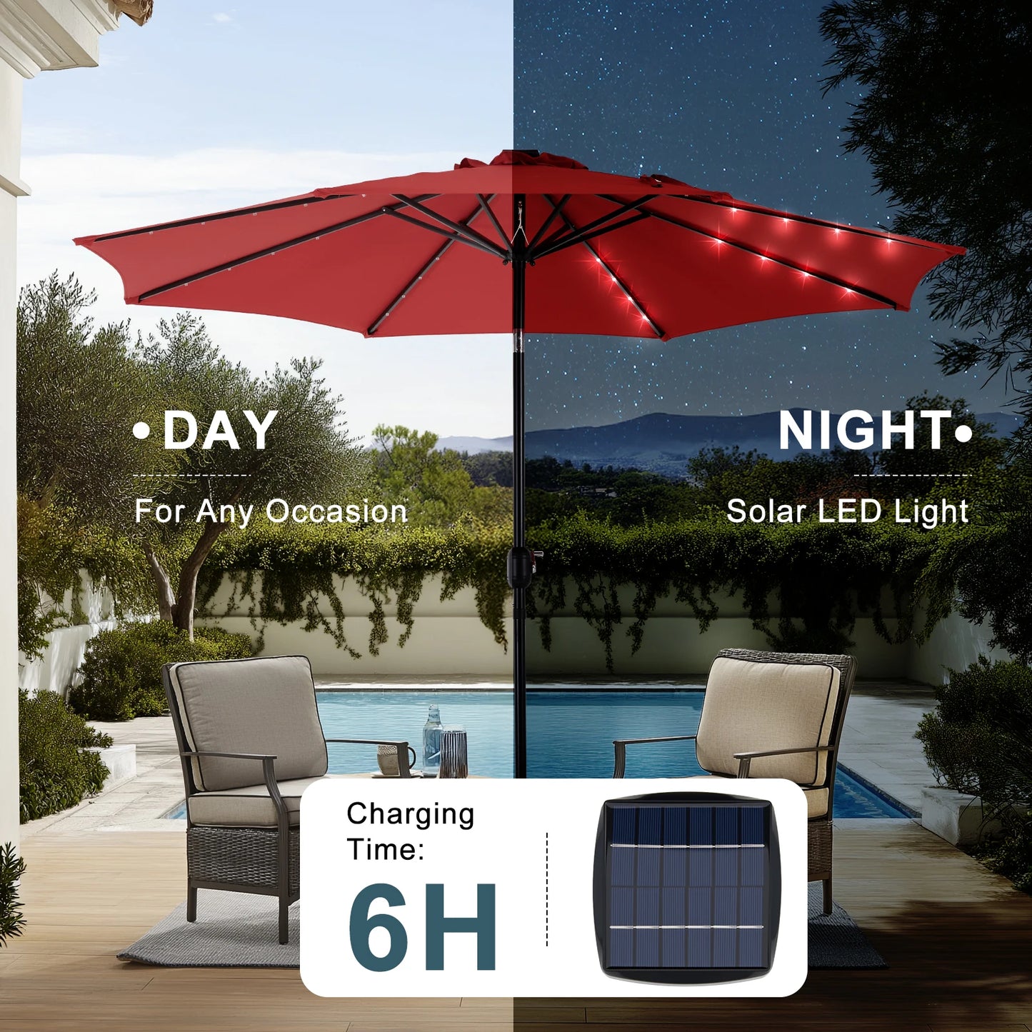 10FT Solar Patio Umbrella with 32 LED Lights UV-Resistant Outdoor Table Umbrella with Tilt and Crank