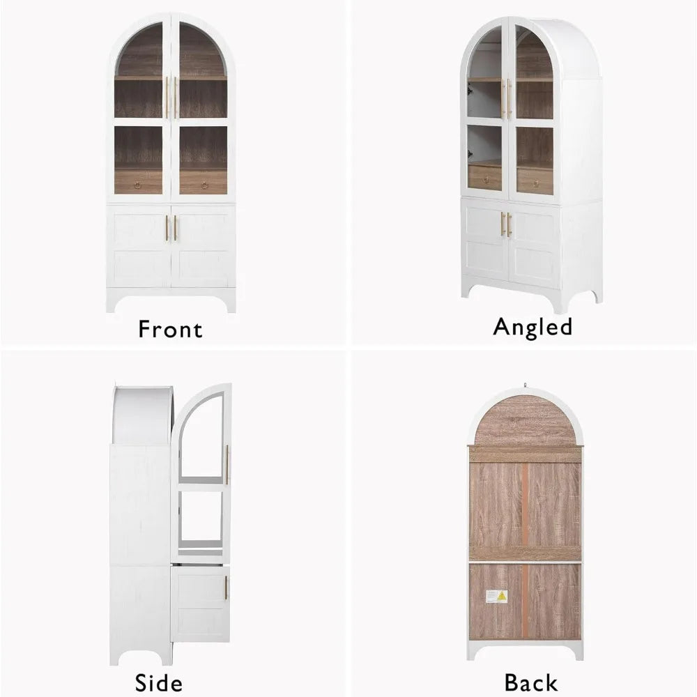 Farmhouse-Style Arched Pantry Cabinet with Glass Doors, Hidden Drawer, and Adjustable Shelves for Kitchen