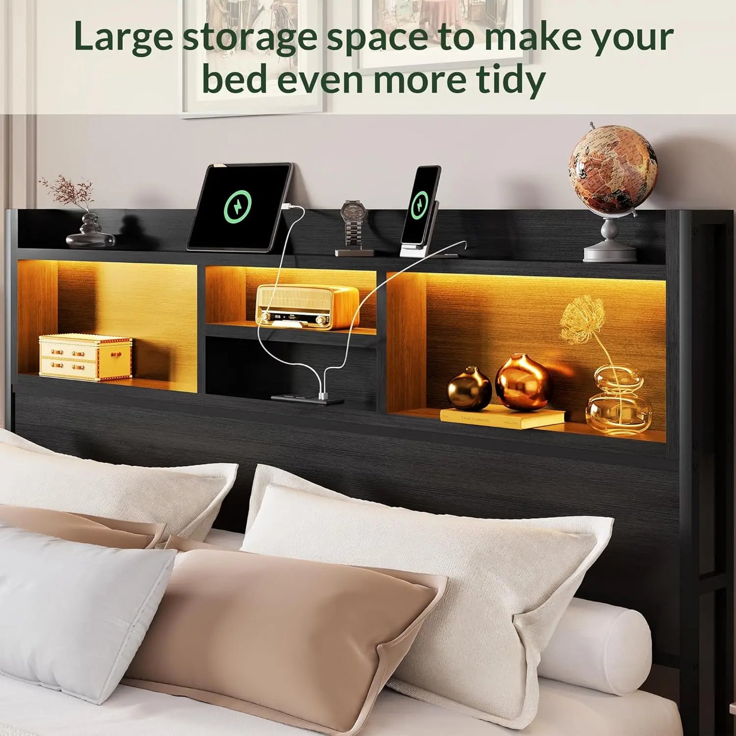 Queen Size Wooden Bed Frame with 6 Drawers, Headboard, LED Lights & Charging Station, No Box Spring Needed,