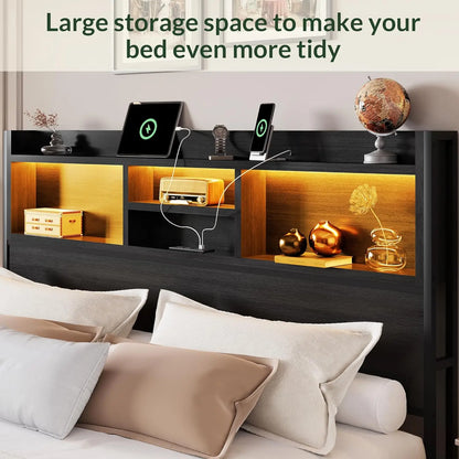 Queen Size Wooden Bed Frame with 6 Drawers, Headboard, LED Lights & Charging Station, No Box Spring Needed,