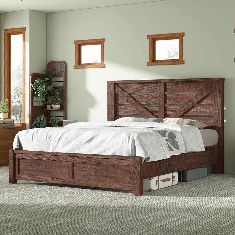 Reclaimed Barnwood Queen Bed Frame with 49.2 Barn Door Headboard, Platform Slat Design, Underbed Storage, Quiet