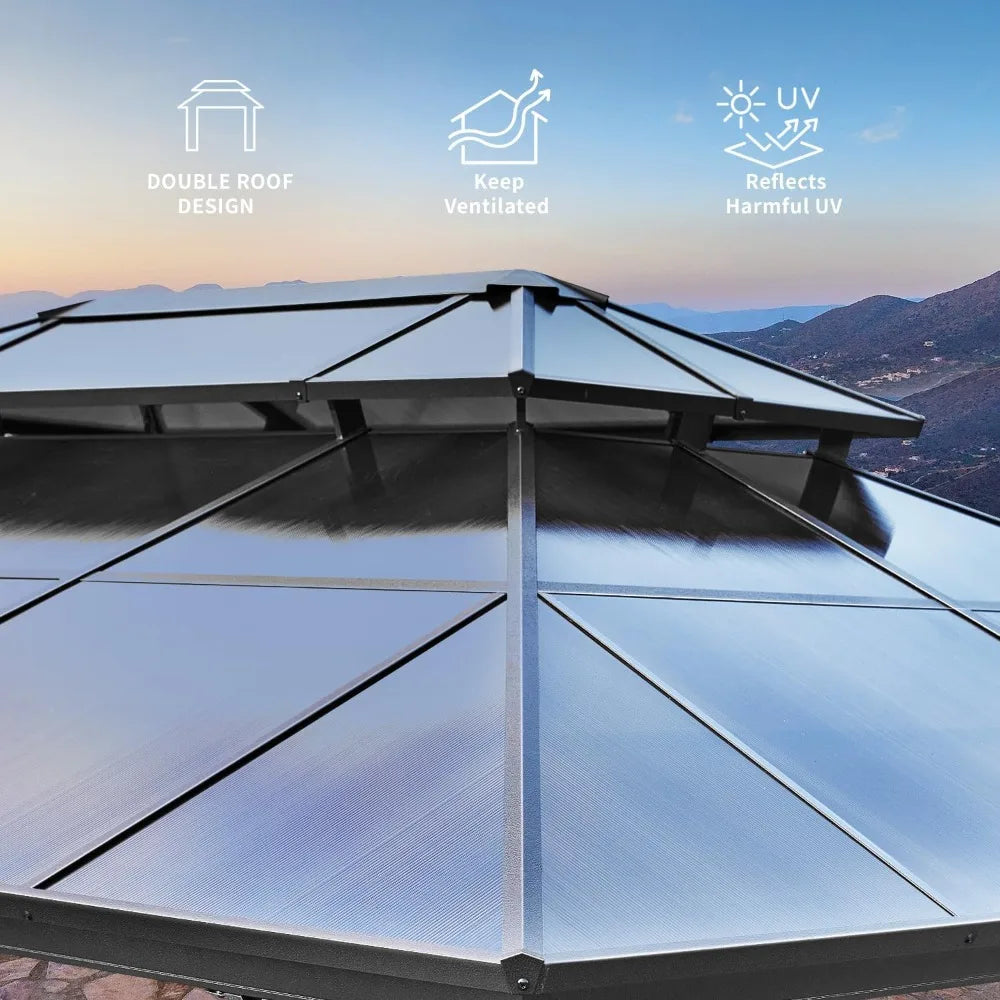 12x16ft Hardtop Gazebo, Double Roof Aluminum Frame with Curtains for Outdoor Patio Cover