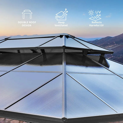 12x16ft Hardtop Gazebo, Double Roof Aluminum Frame with Curtains for Outdoor Patio Cover