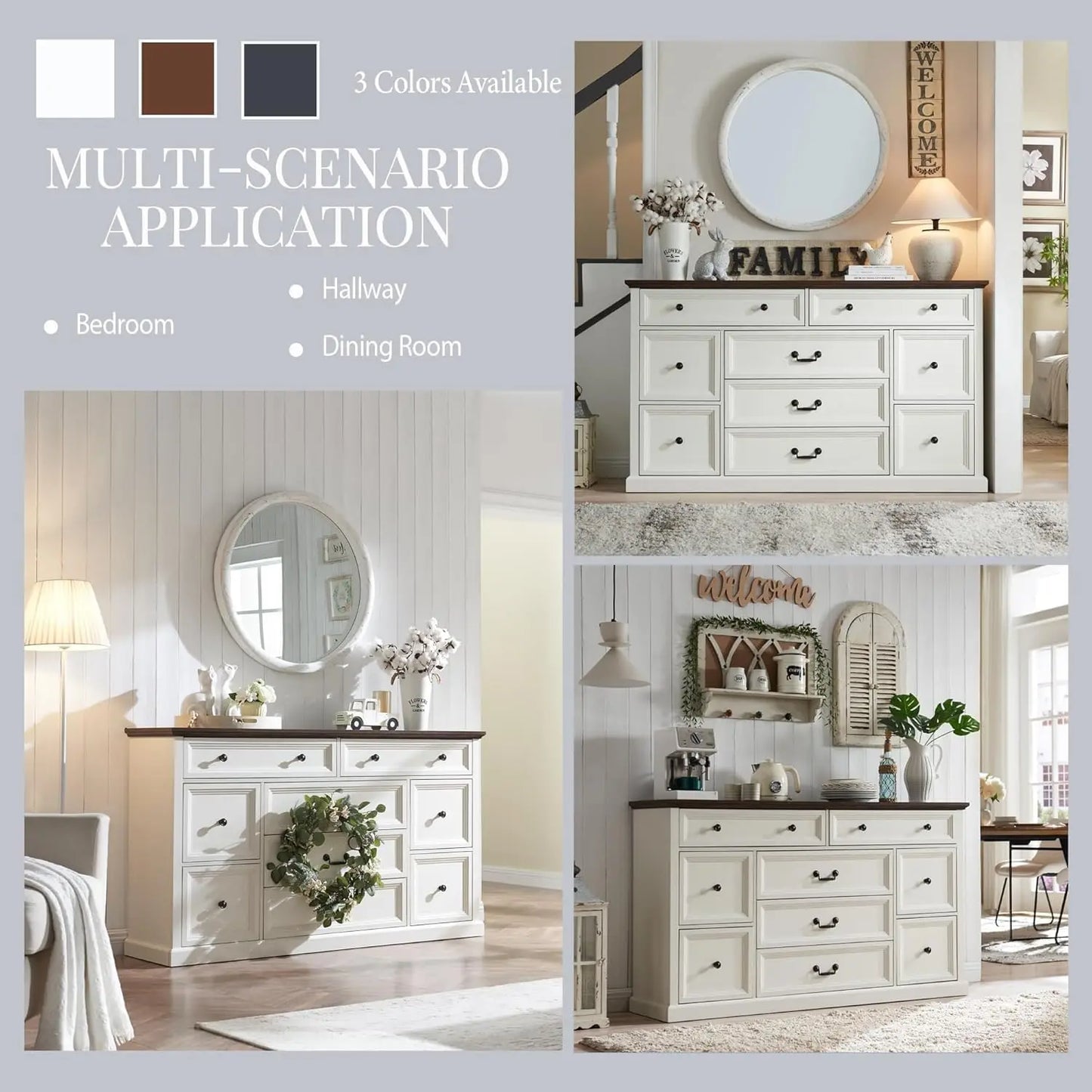 Farmhouse 9 Drawers Dresser, 60" Wide Wood Rustic, Large Storage, Dresser Organizer