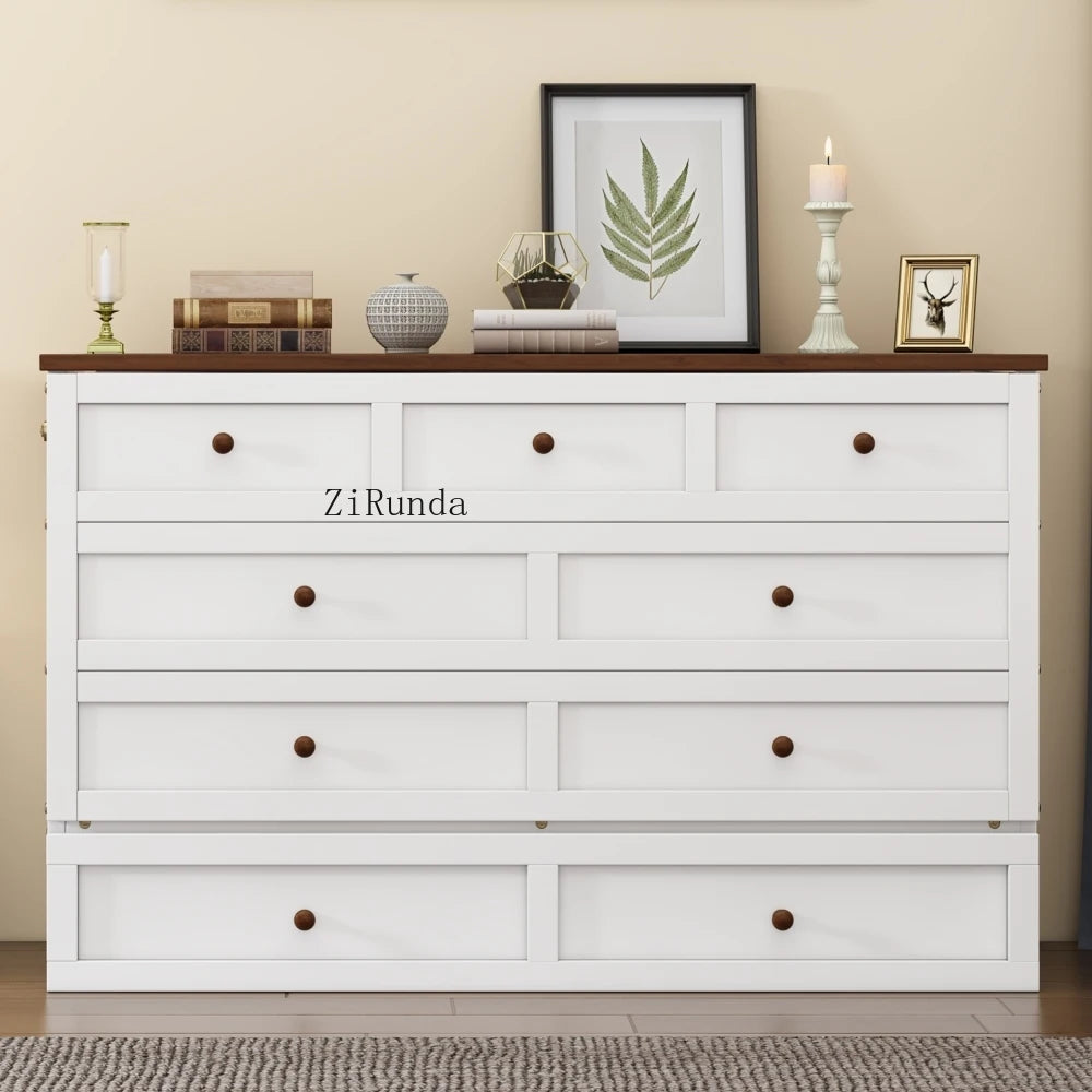 Solid Pine Murphy Bed Chest and Large Storage Drawer for Home Office or Small Room , Queen, White+Walnut
