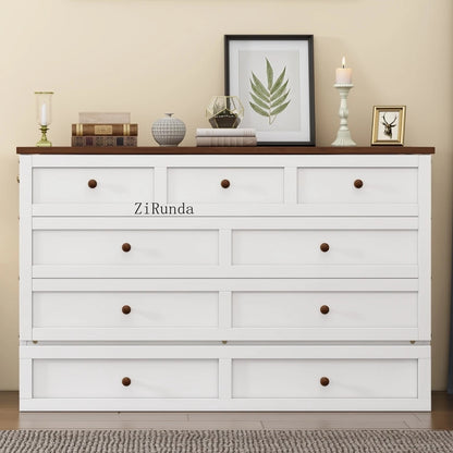Solid Pine Murphy Bed Chest and Large Storage Drawer for Home Office or Small Room , Queen, White+Walnut