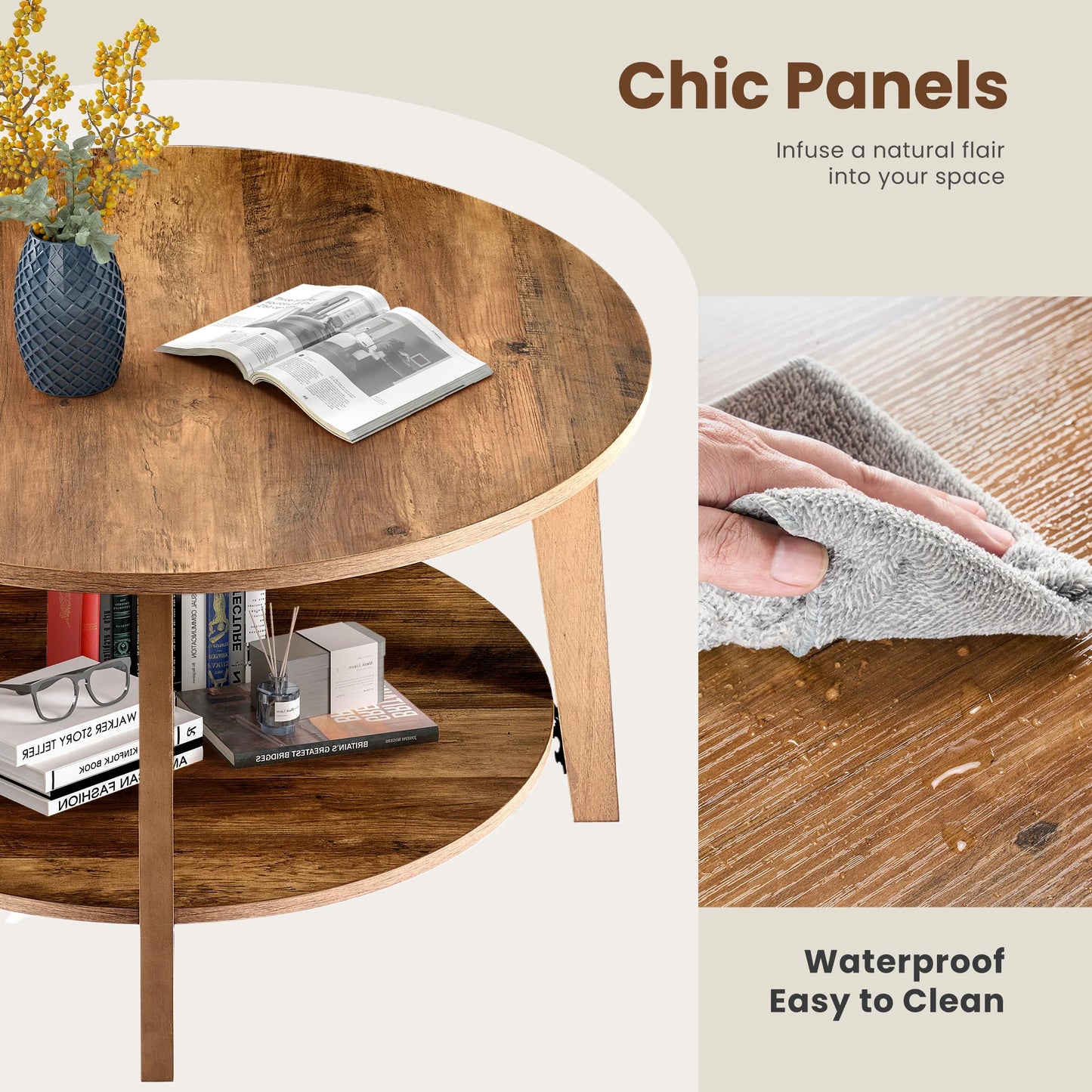 32IN Wood Round Coffee Table  2-Tier Center Counter with Storage 50 lbs Capacity