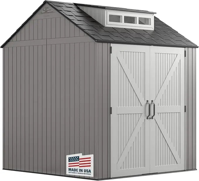 Weatherproof Gray Rubbermaid Resin Storage Shed, 7ft x 7ft, with Floor, for Outdoor Home, Backyard, and Garden Tool Organization