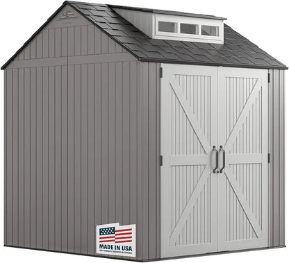 Weatherproof Gray Rubbermaid Resin Storage Shed, 7ft x 7ft, with Floor, for Outdoor Home, Backyard, and Garden Tool Organization