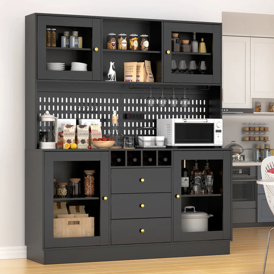 Pantry Cabinet, Kitchen Storage Cabinet, Freestanding Buffet Hutch with Pegboard, Cup Holder, Power Outlet, Black