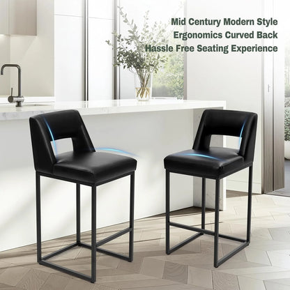 Black Upholstered Counter-Height Bar Stools, Set of 4 – Modern Kitchen Island Chairs with Backs
