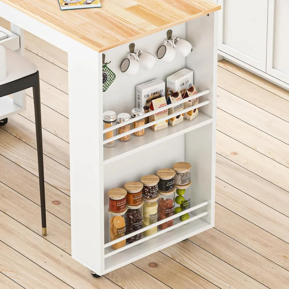 81.5" Extendable Kitchen Island with Dining Table, Rolling Cart with Wheels, Spice Rack, Drawer & Cabinet