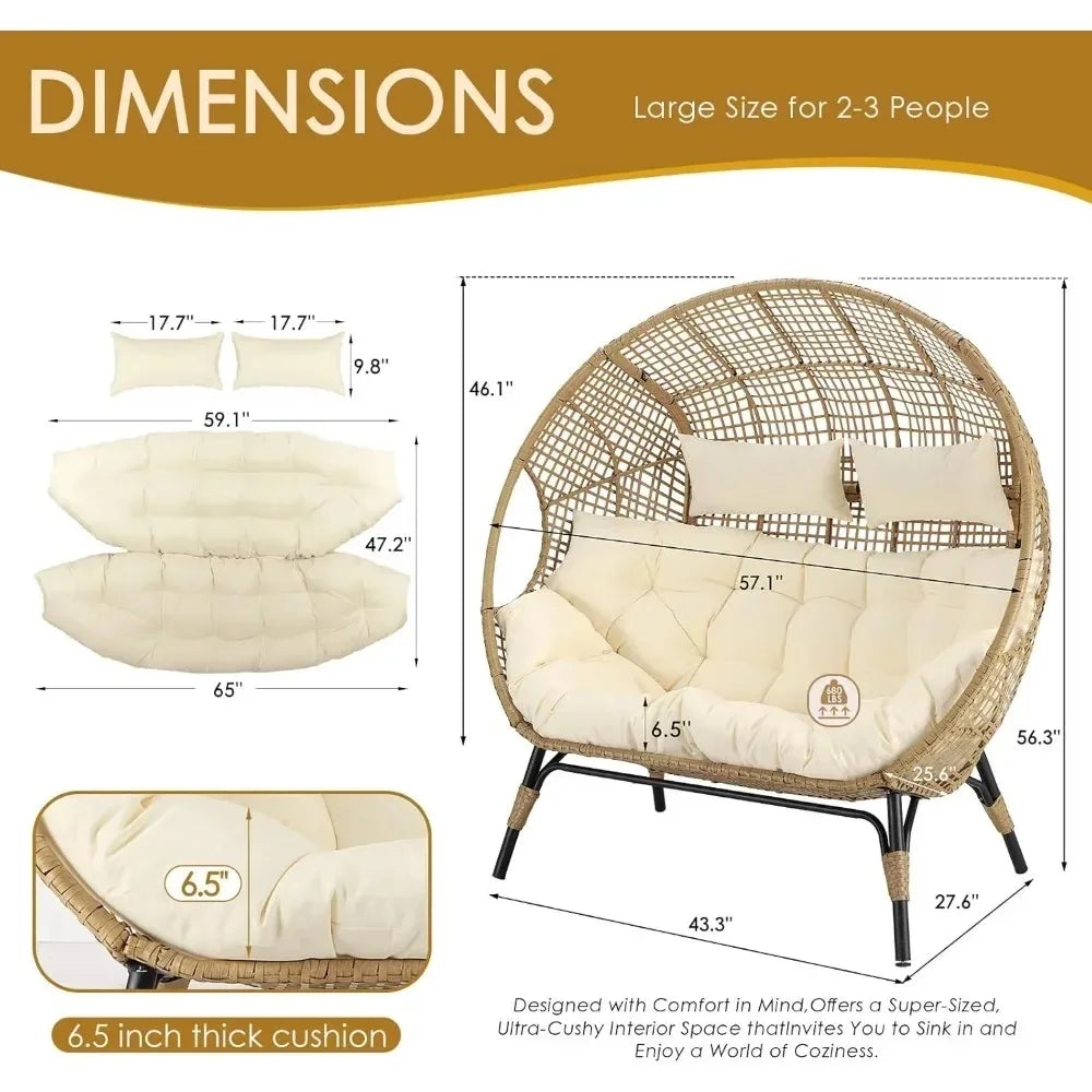Lounge Chairs-Double Egg Chair Indoor Outdoor Stationary Thicken Padded Cushions,680 lbs，