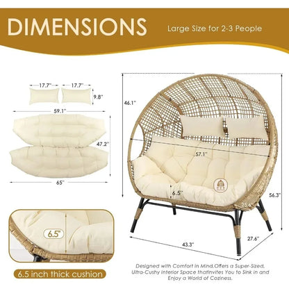 Lounge Chairs-Double Egg Chair Indoor Outdoor Stationary Thicken Padded Cushions,680 lbs，