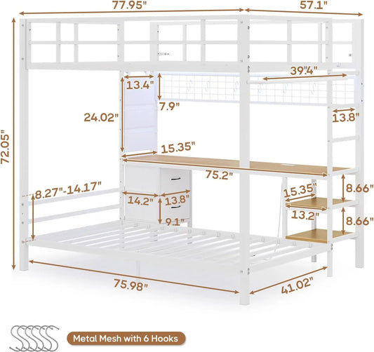 Full Over Twin Bunk Bed with Desk and Led Lights Metal Loft Bed Frame with Charging Station,Storage Shelves and Drawers
