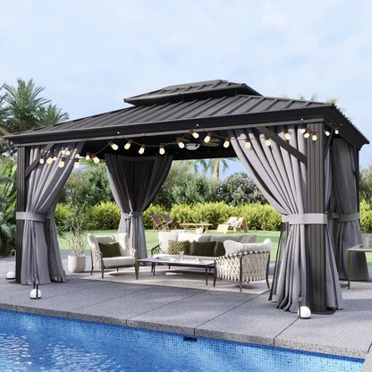 10x12 Hardtop Gazebo, Aluminum Frame & Double Steel Roof, Includes Netting