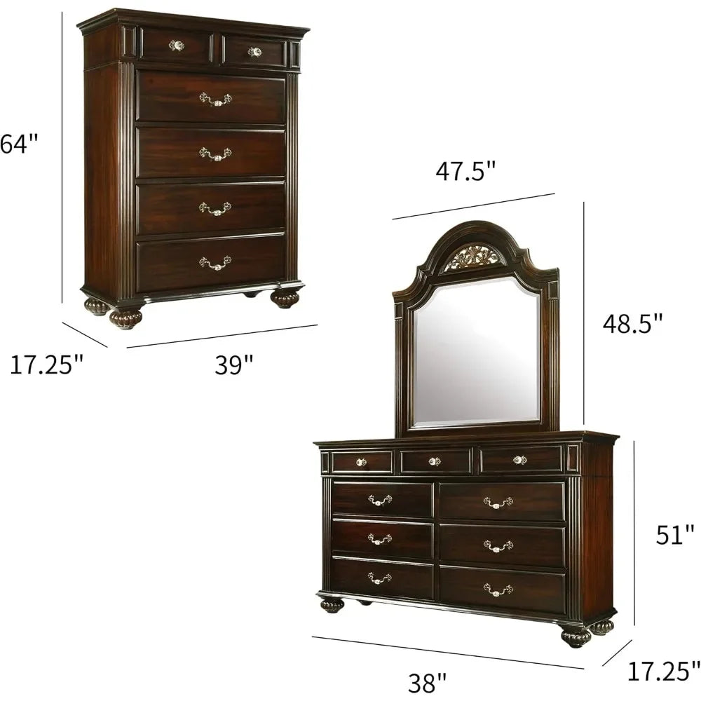 Hot sales 6-Piece Traditional Solid Wood Bedroom Set with Chest, Mirrored-Dresser and 2 Nightstands,