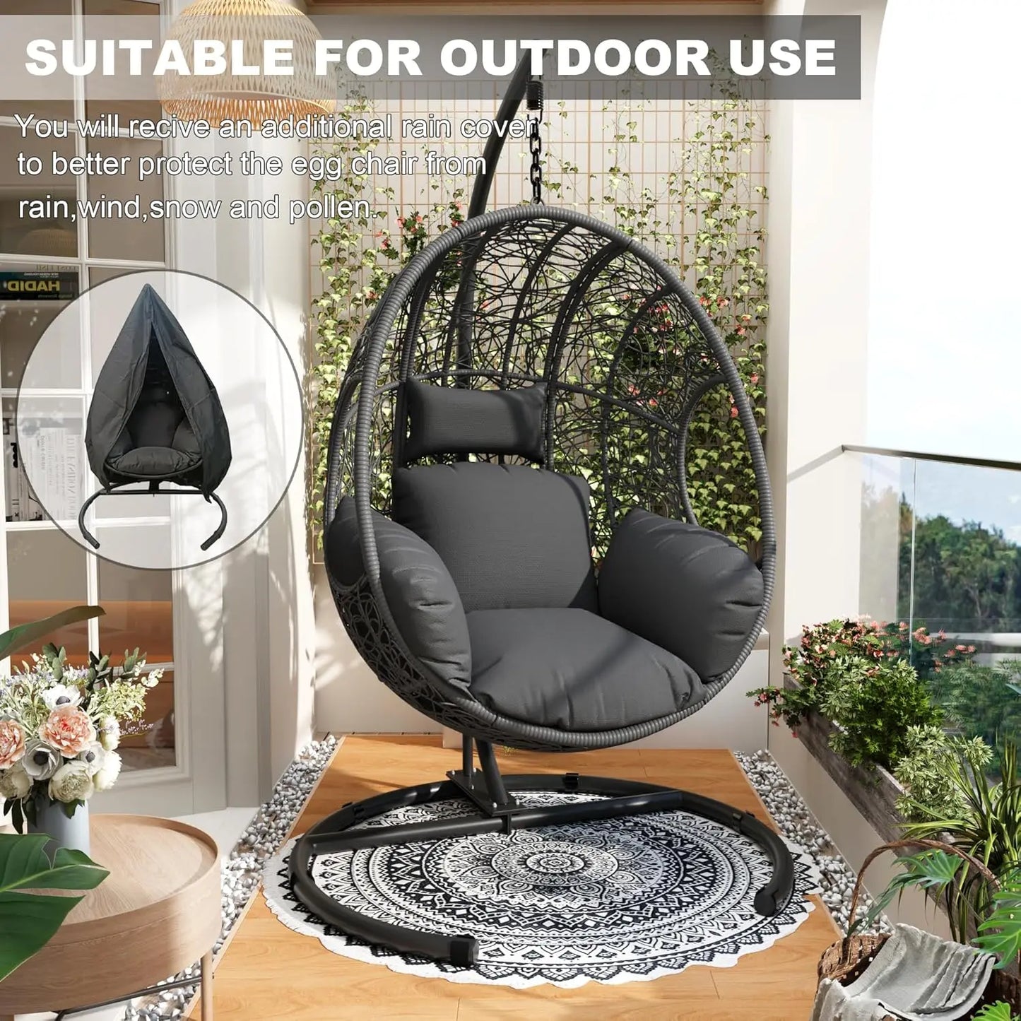 Oversized, Hanging Egg Chair Set 2 Outdoor Indoor Wicke,r Swing 400lbs for Patio Garden Balcony