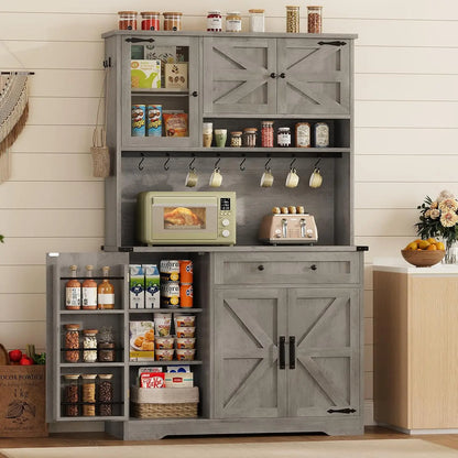 Farmhouse Kitchen Pantry Cabinet, Kitchen Cabinet with Drawer & Doors, Barn Doors Storage Cabinets with Adjustable Shelf