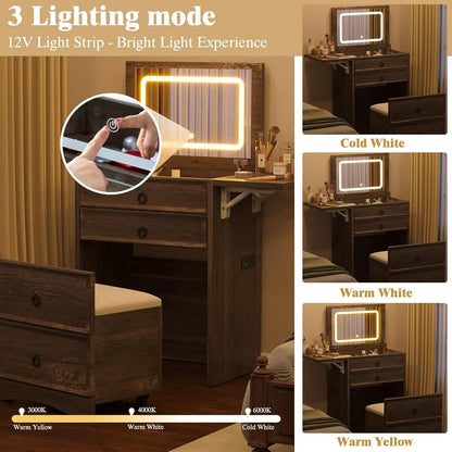 NEW 3-in-1 Vanity Set with LED Lighted Flip Top Mirror, Makeup Table with Fold-Up Panel, Hidden Stool, Charging Station
