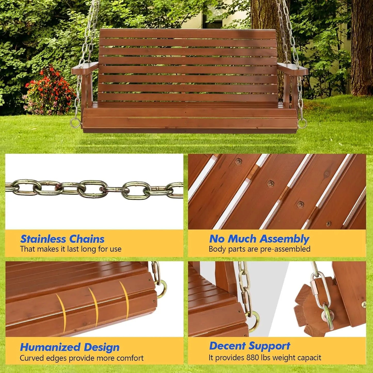 Upgraded Patio Wooden Porch , Heavy Duty 880 LBS, Swing Chair Bench with Hanging Chains