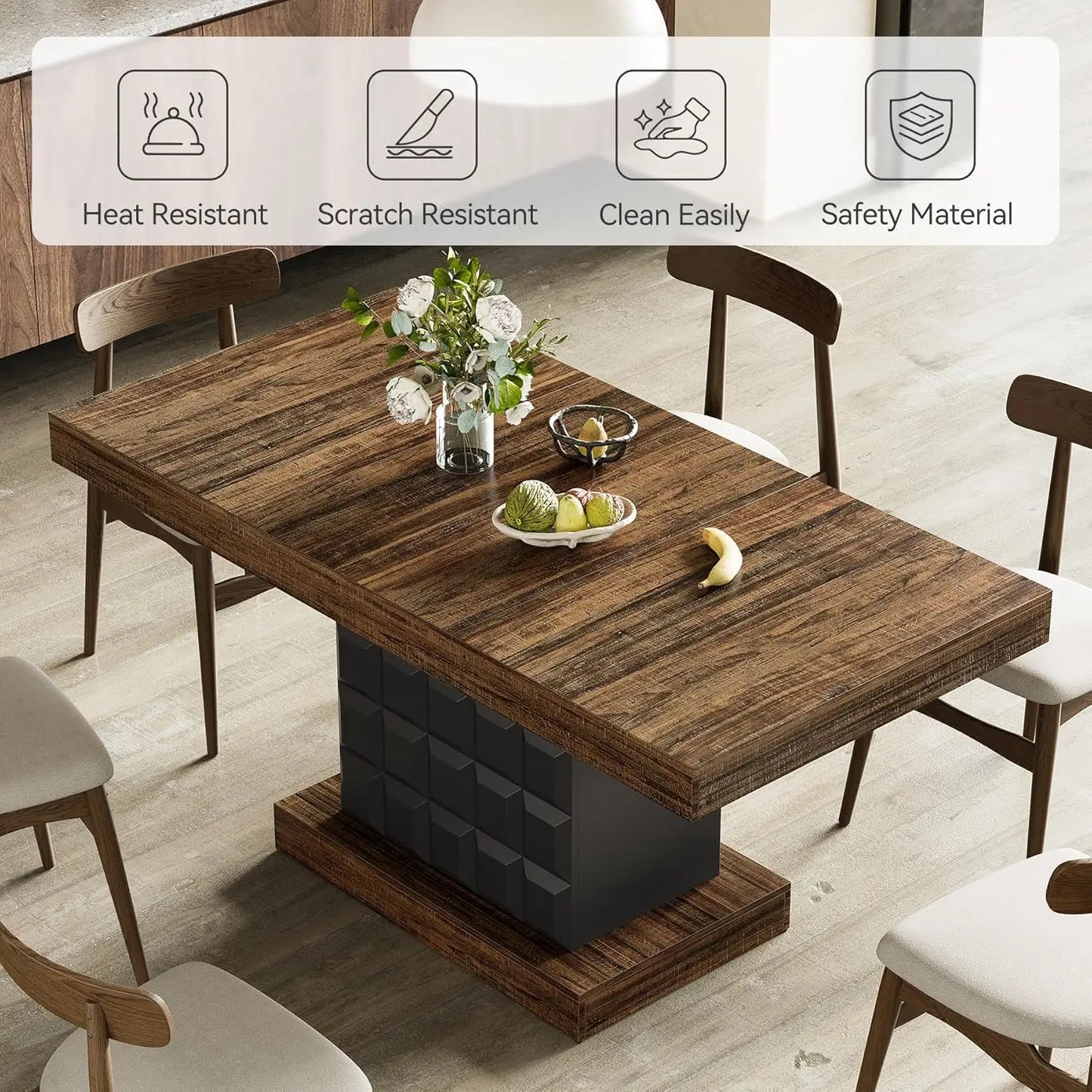 Modern Rectangular Dining Table for 4-6, Farmhouse Kitchen Table with Sturdy Wood Pedestal Base in Rustic Brown & Black