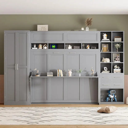 Grey Queen-Size Horizontal Murphy Bed with Desk, Storage Wardrobe, Drawers, and Shelves
