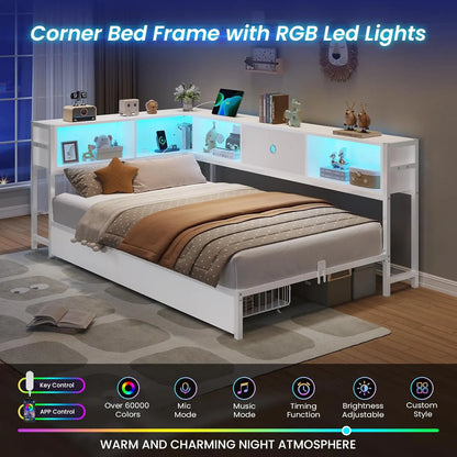 Twin Corner Bed Frame with Bookcase Storage and Led Lights Twin Size Metal Platform Bed Frames with Storage Drawers
