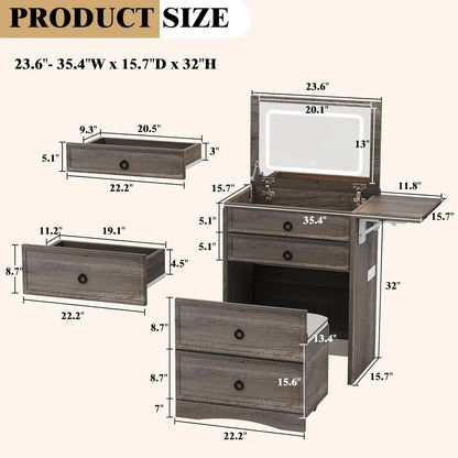 NEW 3-in-1 Vanity Set with LED Lighted Flip Top Mirror, Makeup Table with Fold-Up Panel, Hidden Stool, Charging Station