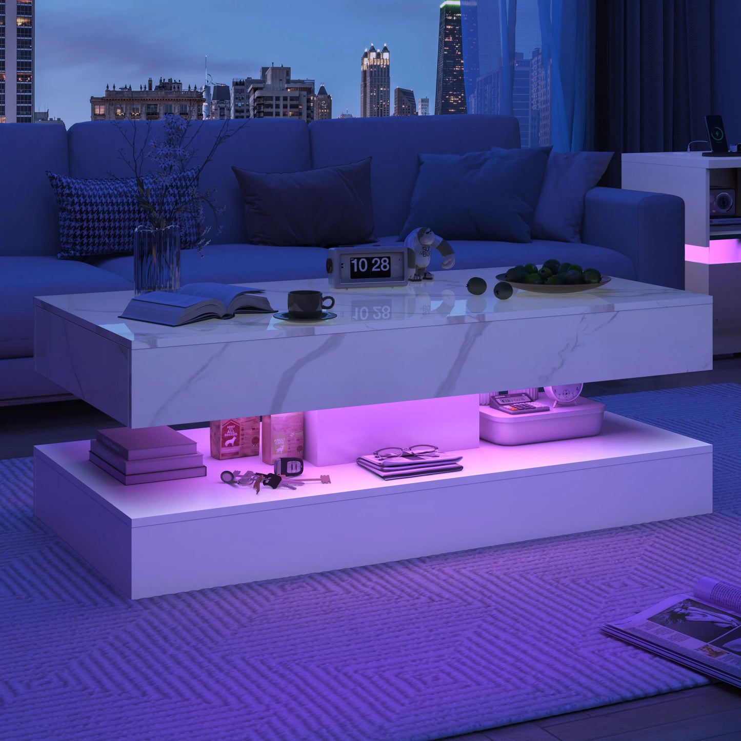 Coffee Table with LED lights, Double-Layer Design for Living Room with 2 Storage Drawers