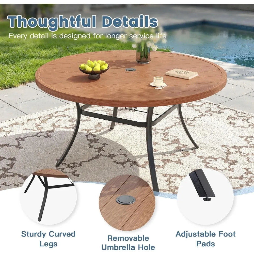 11 Pieces Outdoor Patio Dining Set, 10 Brown Stackable Padded Chairs, Walnut Round Metal Dining Table