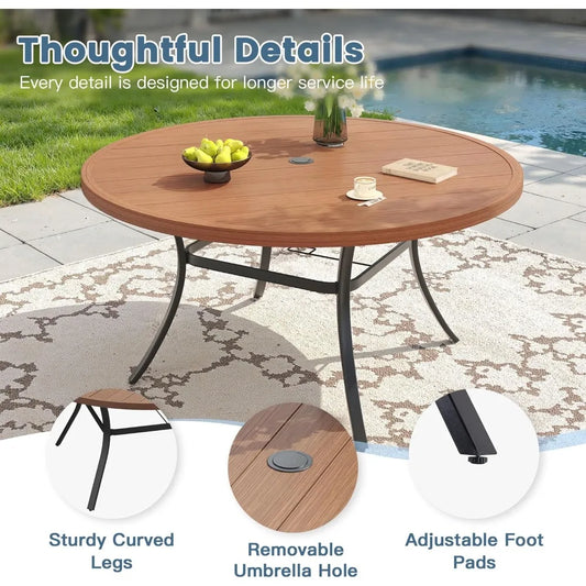 11 Pieces Outdoor Patio Dining Set, 10 Brown Stackable Padded Chairs, Walnut Round Metal Dining Table