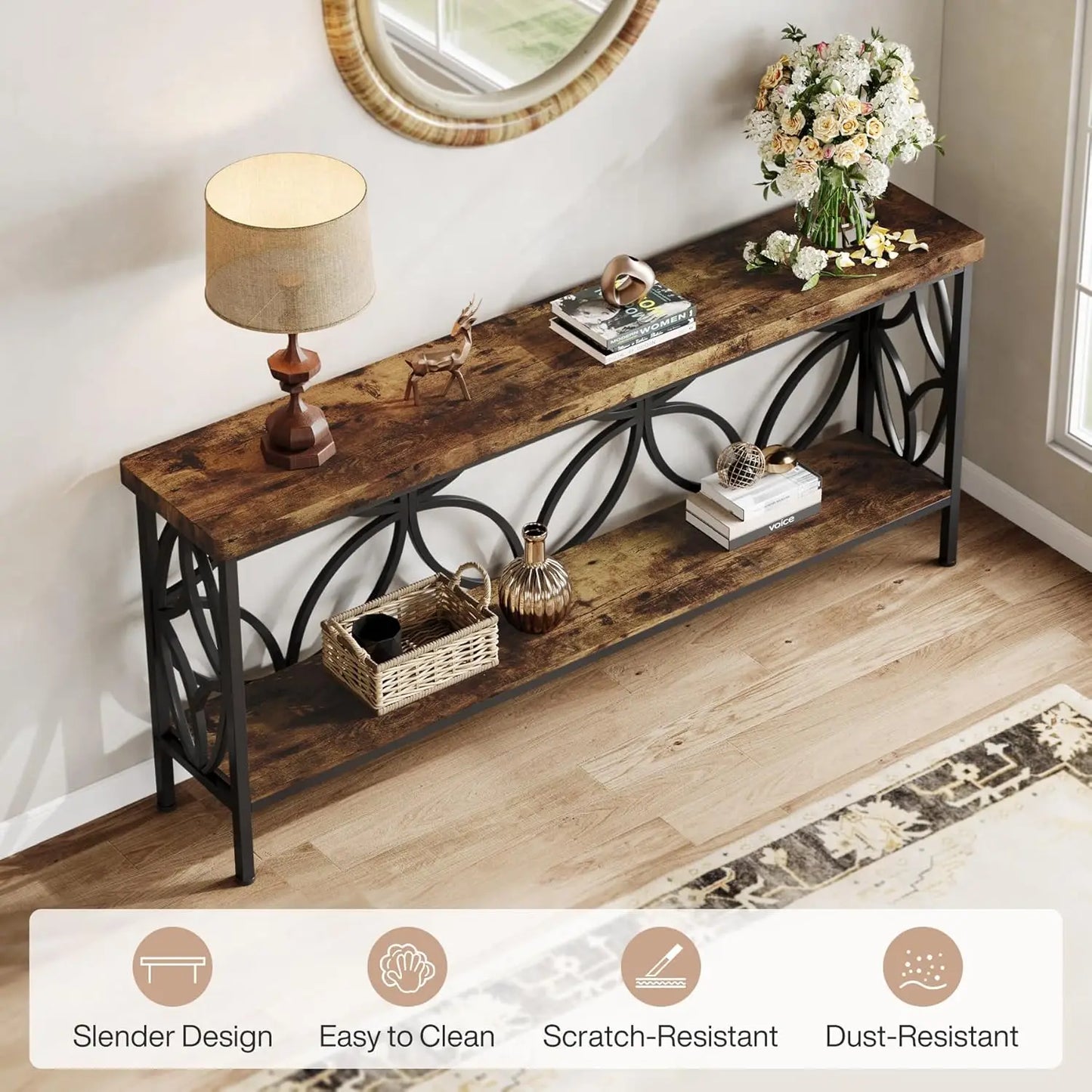 70.9" Narrow 2-Tier Industrial Console Sofa Table with Storage for Entryway Living Room Hallway