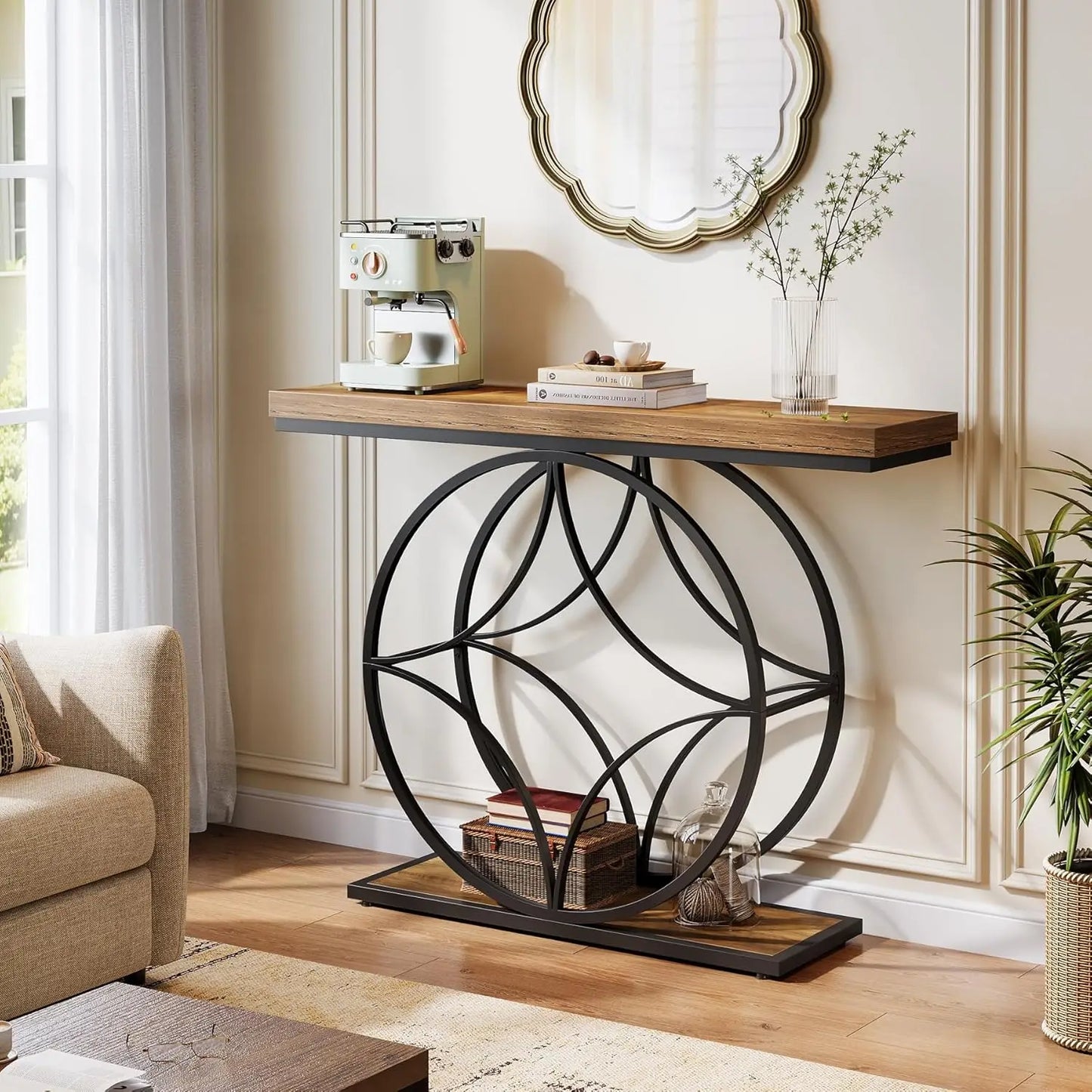 47in 2-Tier Industrial Console Table Storage Shelf, Entryway, Behind Couch, Rustic Brown