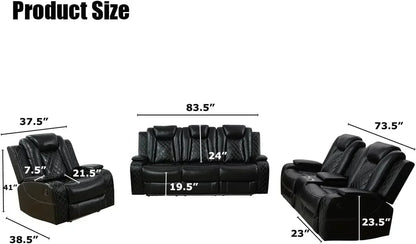 Hot sales, Power Recliner Sofa Set, Black Leather 3 Pieces Sectional Couch, Living Room Furniture Sets with Power