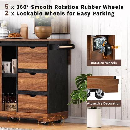"Rolling Kitchen Island with Drop Leaf, 55.5" Cart featuring Barn Door and Power Outlet"